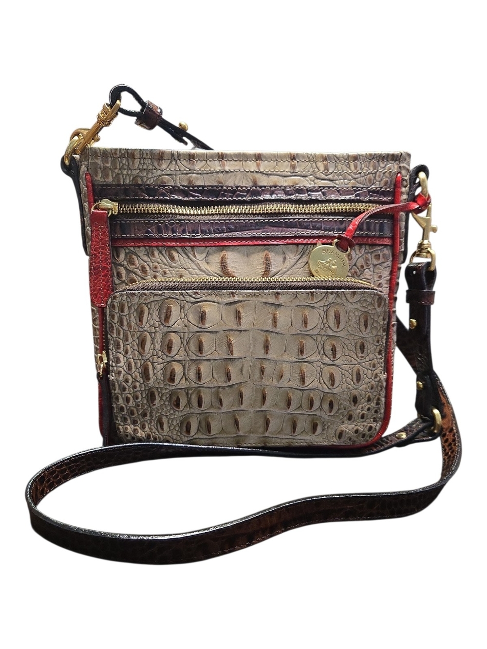 Brahmin Croc-Embossed Crossbody Bag in Taupe with Red Trim